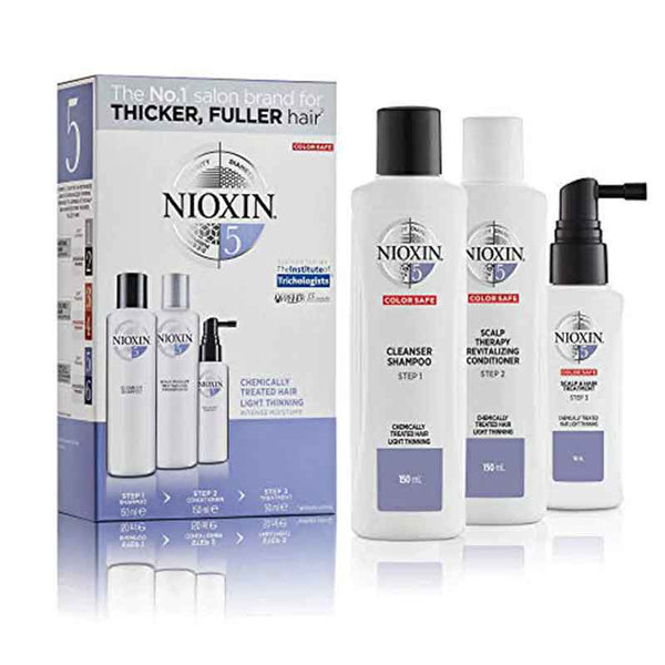 Nioxin 3 Part System No.5 Gift Set 3 Pieces - Chemically Treated Hair with Light Thinning (1 x 150ml Cleanser Shampoo 
1 x 150ml Scalp Therapy Revitalising Conditioner 
1 x 50ml Scalp and Hair Treatment)