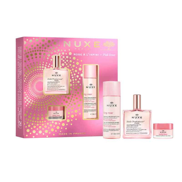 Nuxe Pink Fever Gift Set 50ml Huile Prodigieuse Florale + 100ml Very Rose 3-in-1 Soothing Micellar Water + 15g Very Rose Rose Lip Balm